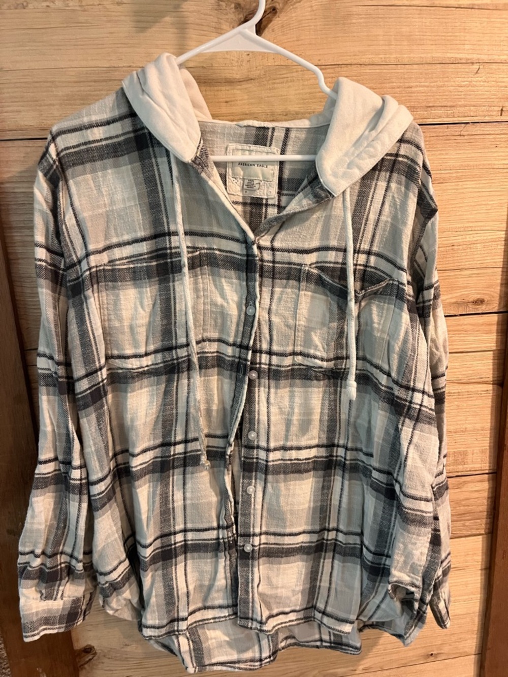 American Eagle Gray & White Plaid Hooded Shirt